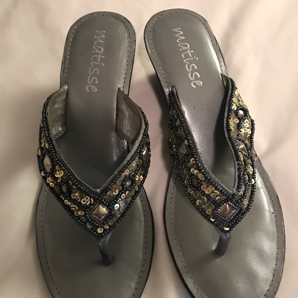Pewter Leather Beaded/Sequined Sandals